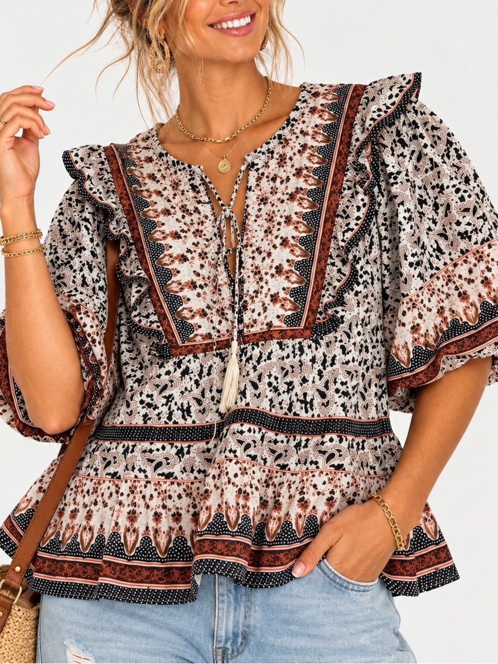 Calypso St. Barth Boho Paisley Ruffle Blouse